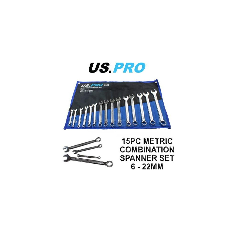 US PRO Tools 15PC Metric Combination Spanner Set 6 - 22MM 2243