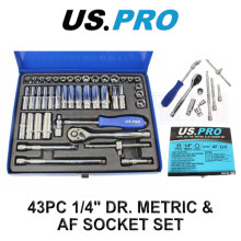 US PRO Tools 43pc 1/4" dr Metric & AF, Imperial Socket Set, Ratchet, Bars, 3539