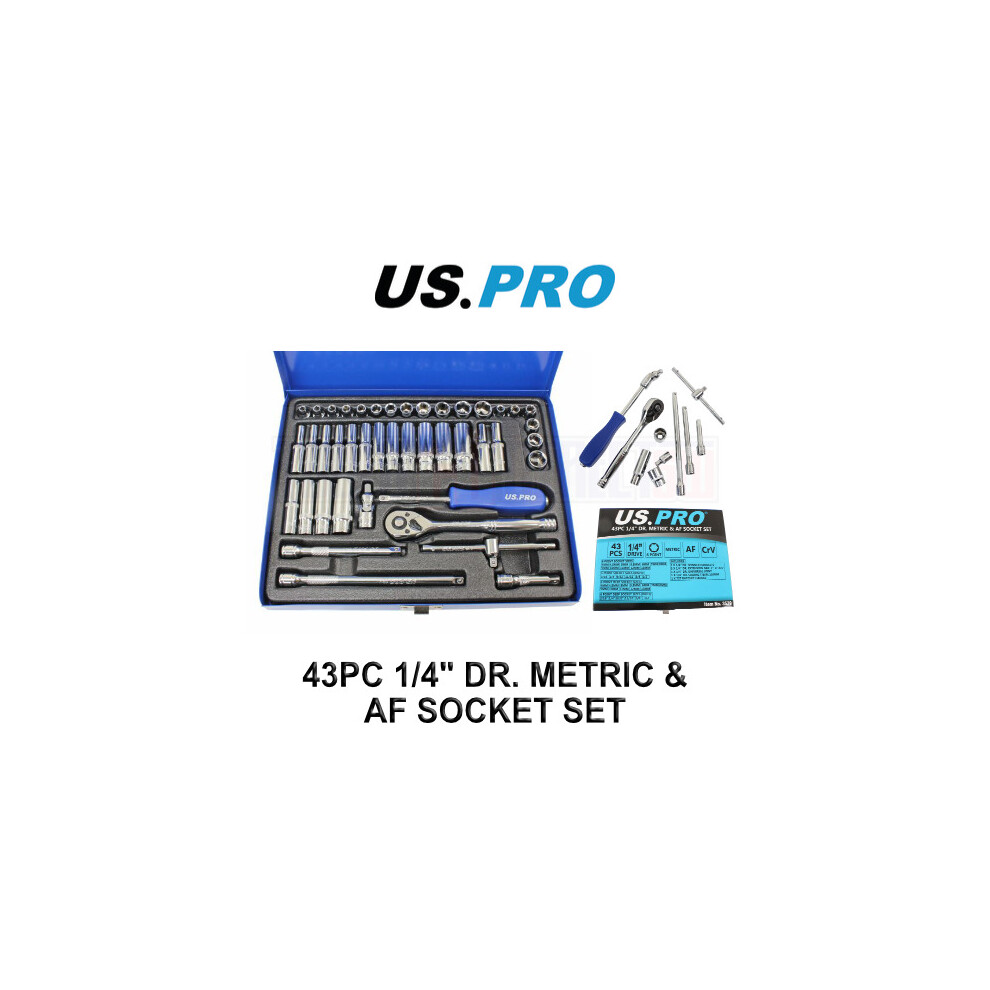 Us Pro Tools 43Pc 1/4" Dr Metric & Af, Imperial Socket Set, Ratchet, Bars, 3539