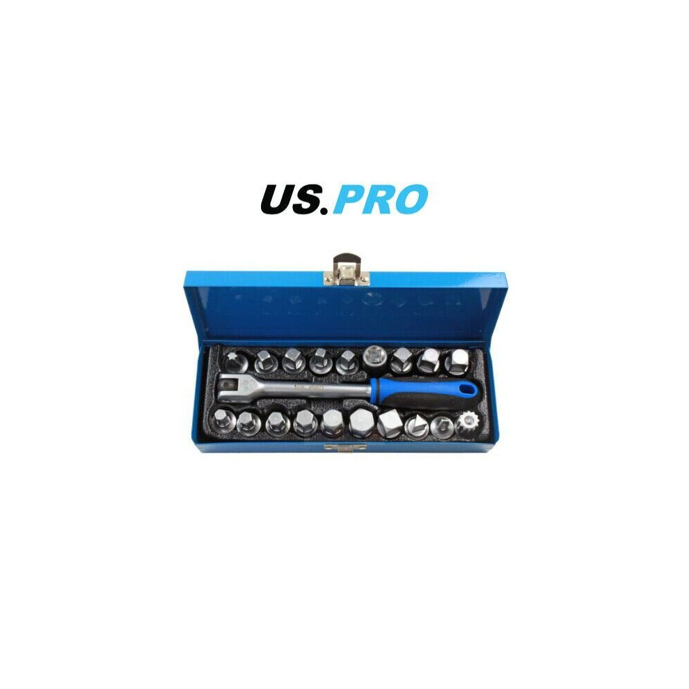 US PRO Tools 20 Piece 3/8 DR Drain Sump Plug Key Set, Keys Oil Din 3298