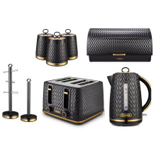Tower Empire Black Jug Kettle, 4 Slice Toaster, Bread bin, Canisters, Mug Tree & Towel Pole
