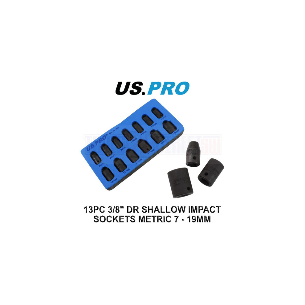 Us Pro Tools 13Pc 3/8" Drive Shallow Impact Socket Set 7Mm-19Mm 6 Point 3833
