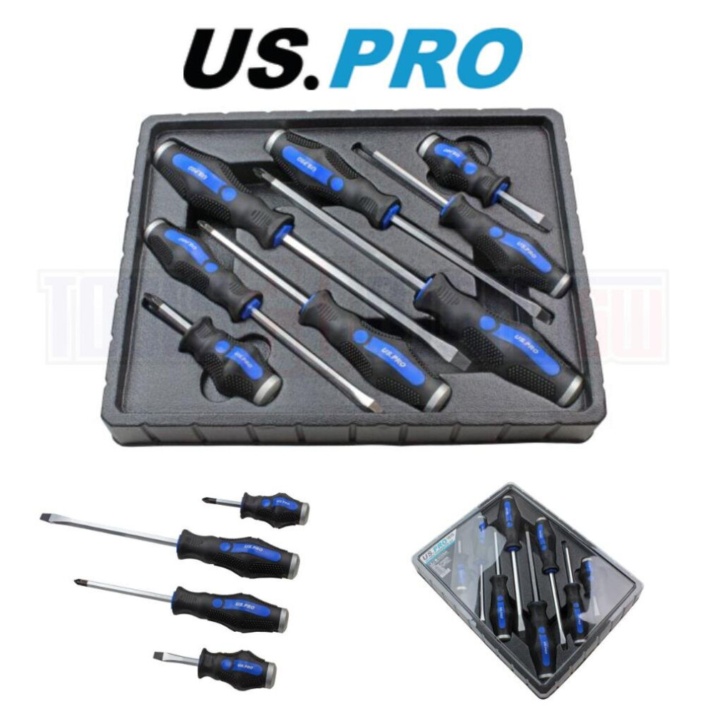 US PRO Tools 8pc Go-through Screwdrivers Set Pozidriv & Flat Head Screwdrivers 1619