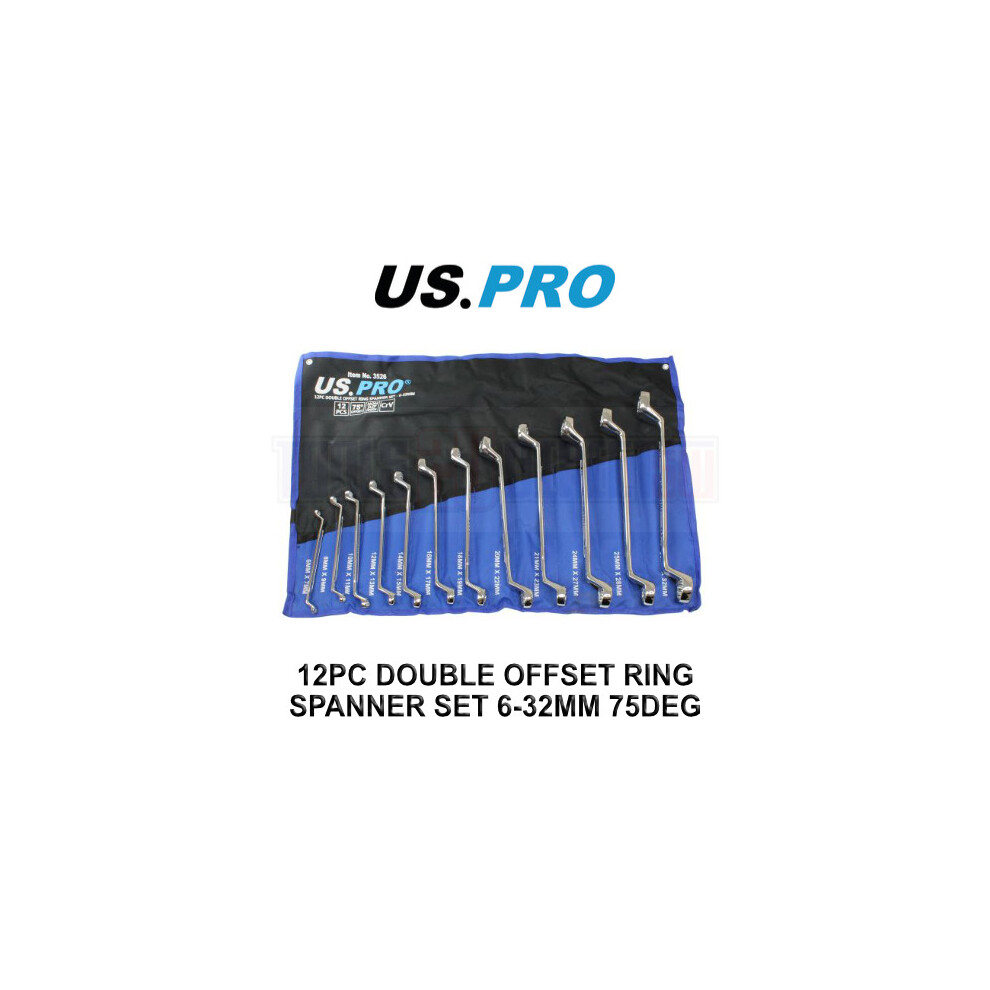 Us Pro Tools 12 Piece Double Offset Ring Spanner Set 6 - 32Mm 75Deg 3526