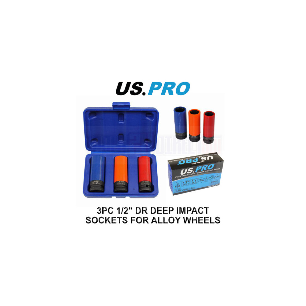 US PRO Tools 3pc 1/2" Dr Deep Impact Sockets For Alloy Wheels 17,19,21mm 3723