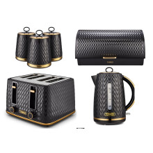 Tower Empire Black Jug Kettle, 4-Slice Toaster, Roll-Top Bread Bin & Canisters – Art Deco Brass Accents