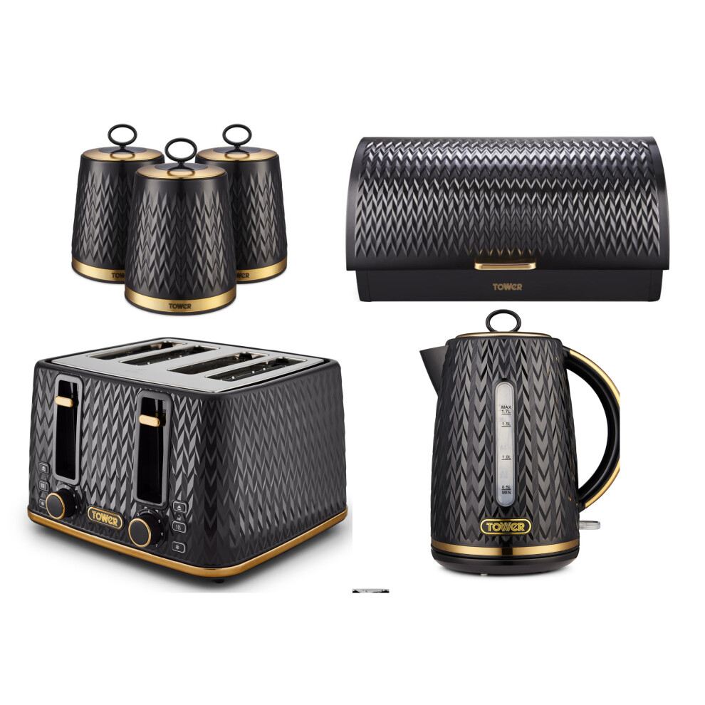 Tower Empire Jug Kettle, 4-Slice Toaster, Roll-Top Bread Bin & Canisters – Art Deco Brass Accents Black