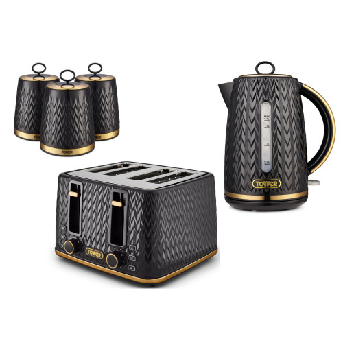 Tower Tower Empire Black Jug  Kettle, 4 Slice Toaster & Canisters Set
