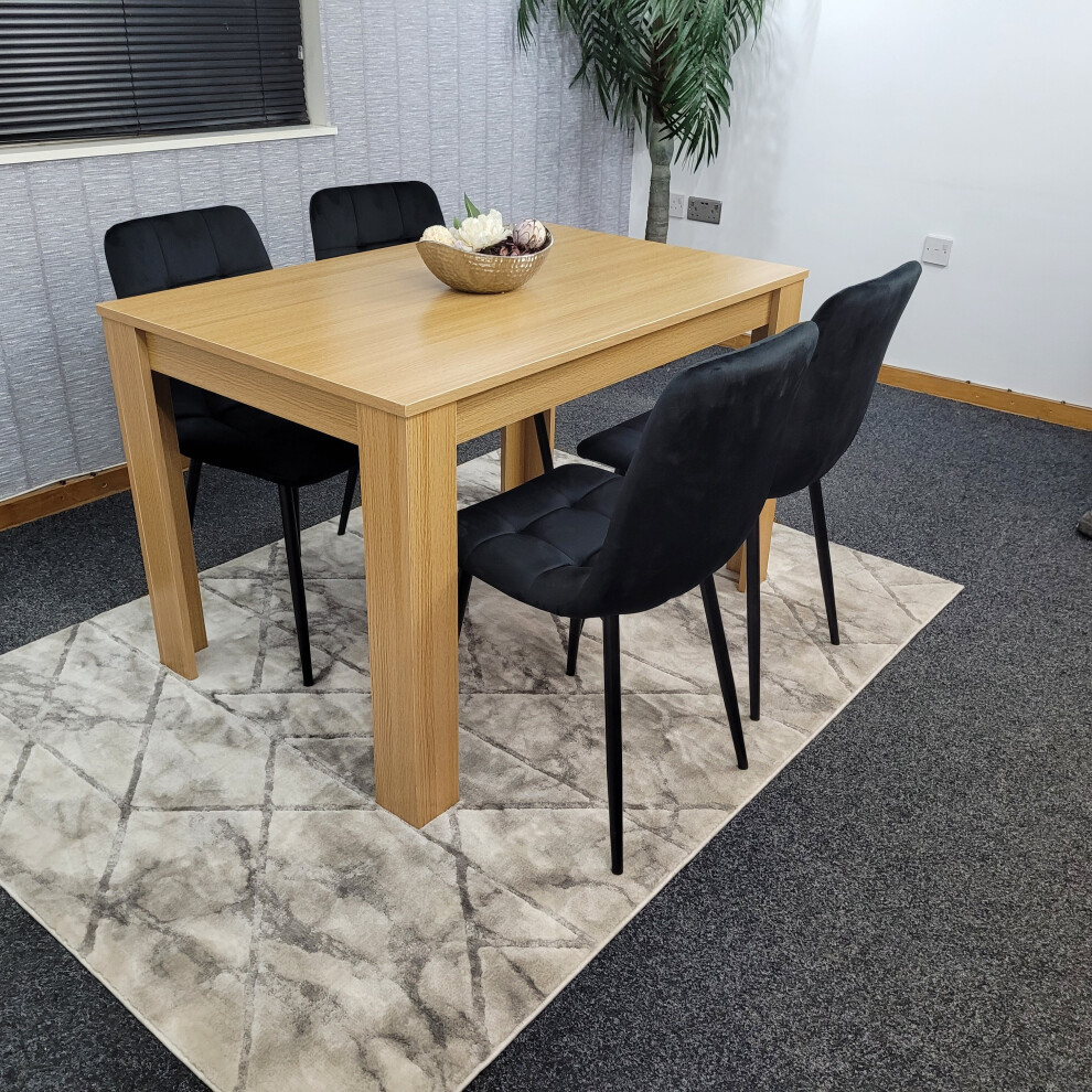 Dining Table Set Wooden Oak Table and 4 Tufted Velvet Black Chairs