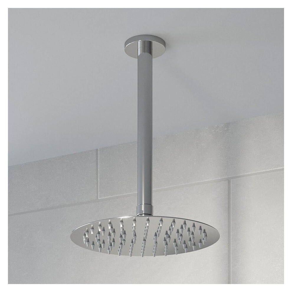 Ceiling Mounted Ultra Thin Chrome Round Rainfall Fixed Shower Arm Head 200mm