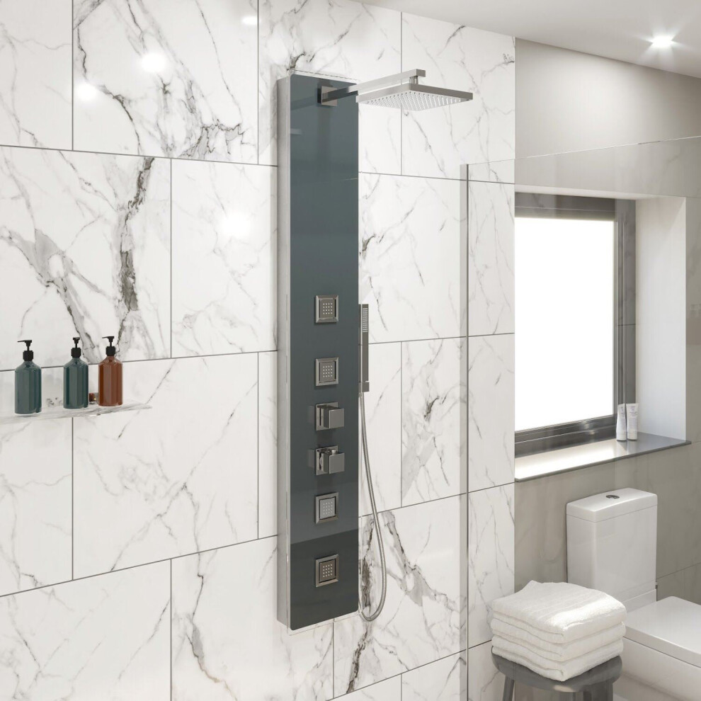Modern Thermostatic Shower Panel Column Tower Body Jets Twin Head Bathroom Glass 5056093657886