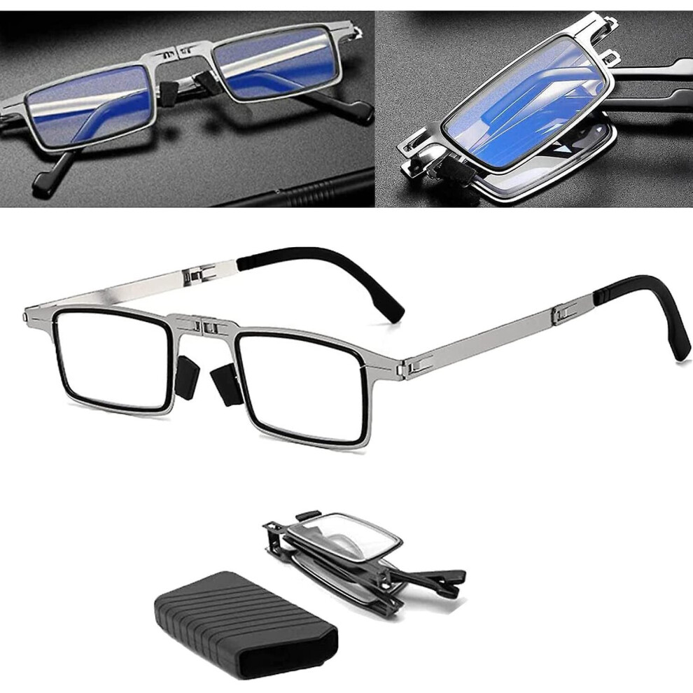 (Square, 2.0 Magnification) Foldable Reading Glasses Metal Screwless Anti Blue Light Eyeglasses With Case