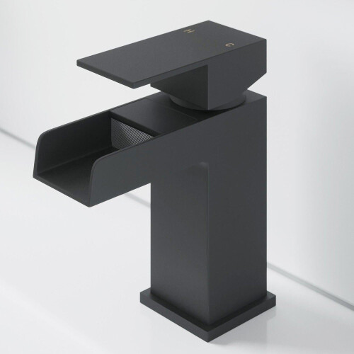 Modern Bathroom Black Waterfall Basin Bath Mixer Tap Set Square Hot and Cold 1
