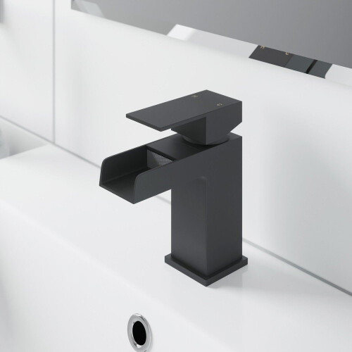 Modern Bathroom Black Waterfall Basin Bath Mixer Tap Set Square Hot and Cold 2