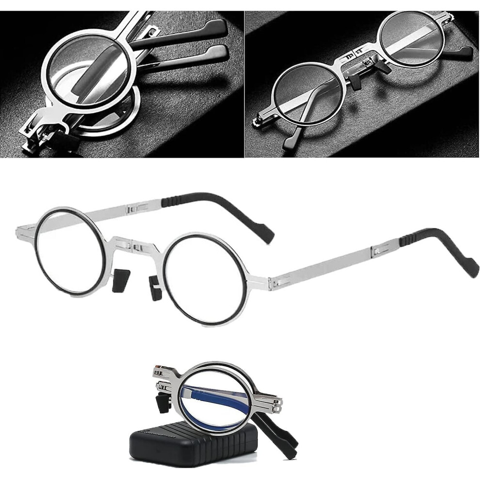 (Oval, 3.0 Magnification) Foldable Reading Glasses Metal Screwless Anti Blue Light Eyeglasses With Case