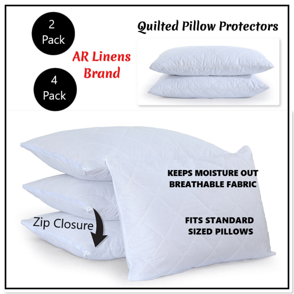 Arlinens (Pack Of 4) Quilted Pillow Protectors Soft & Comfortable Zipper Pillow Case Protector-Hypoallergenic & Anti-Bacterial-Poly Cotton Pillow Protectors Si