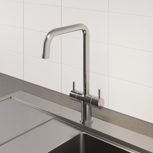 2TAPK026A Modern Mono Kitchen Sink Mixer Tap - Twin Lever, Swivel Chrome Finish, Ceramic Disc, Brass Body
