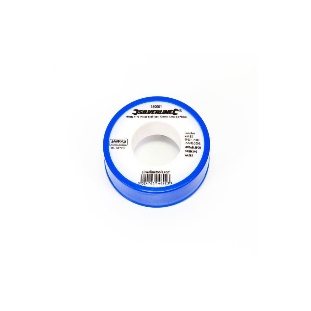 Silverline White PTFE Tape Threaded Seal Fitting Water Plumbing Tape 12mmx12mtr