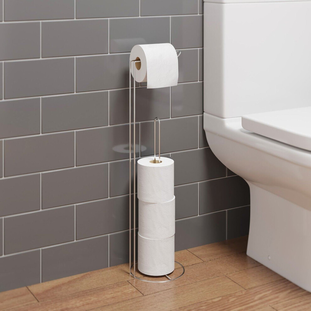 Bathroom WC Round Floor Standing Chrome Toilet Roll Holder Modern Storage Tidy