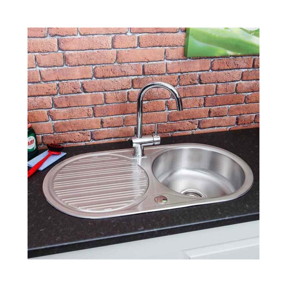 Stainless Steel Inset Round Kitchen Sink Single Bowl Reversible Drainer Waste