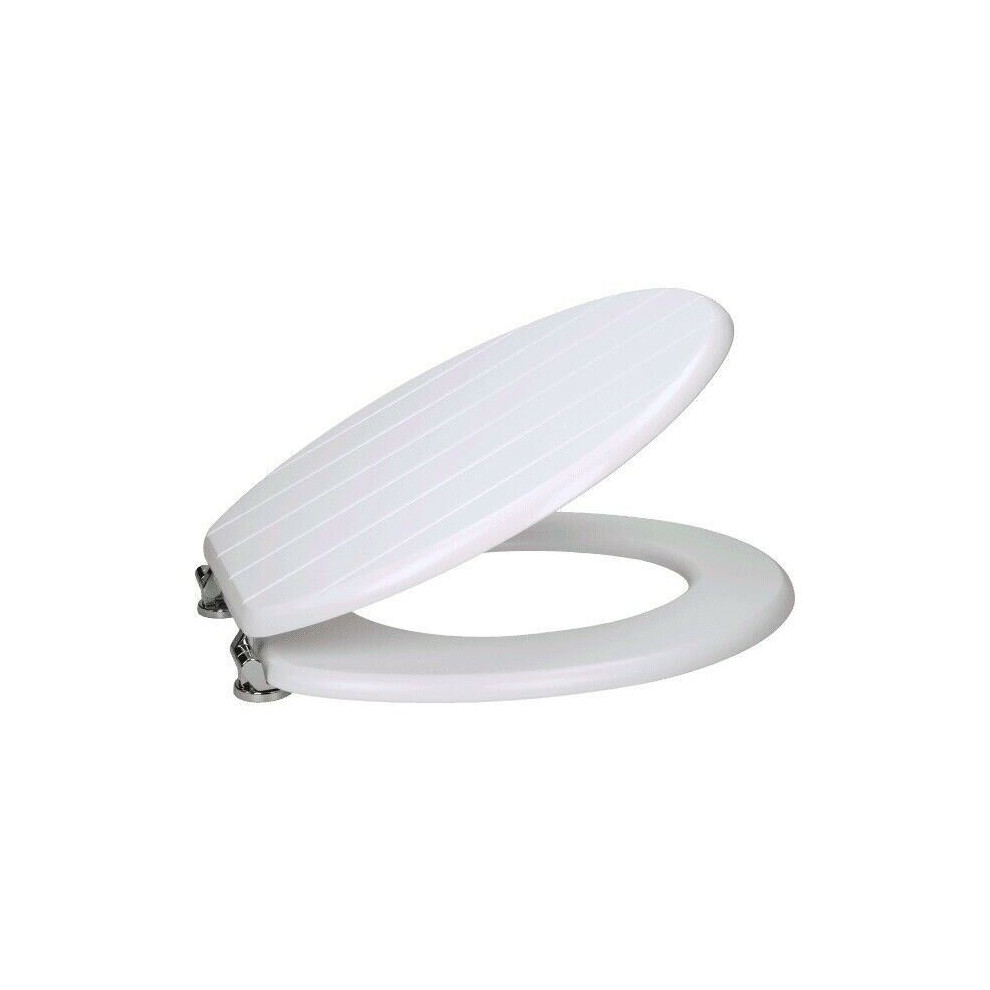 White Groove Design Wooden Bathroom Toilet Seat With Chrome Hinges 5060184435833