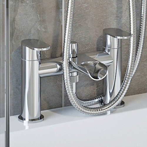 Bathroom Mixer Shower Kit Adjust Riser Rail Hose Chrome Round Dual Head Chrome 1