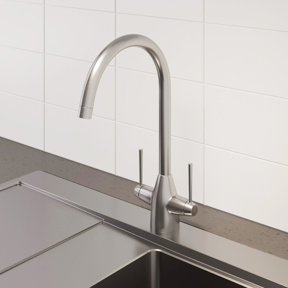 Modern Mono Kitchen Sink Mixer Tap Brushed Nickel Twin Lever Fixed Spout Faucet 5056093611468
