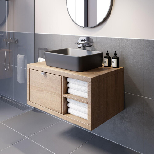 Bathroom Wall Hung Vanity Unit Black Basin Cabinet Storage Drawer Shelf 800mm