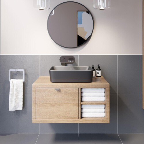 Bathroom Wall Hung Vanity Unit Black Basin Cabinet Storage Drawer Shelf 800mm 1