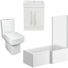 Modern Bathroom Suite 1700 RH L Shape Bath Screen Toilet Basin Vanity Unit White
