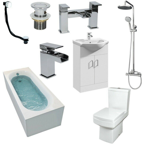 Complete Bathroom Suite 1700mm Bath Screen WC Basin Vanity Unit Shower