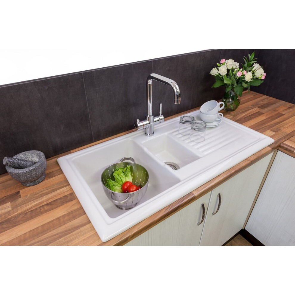 Reginox Rl301cw Ceramic 1.5 Bowl Kitchen Sink Traditional White Reversible Waste