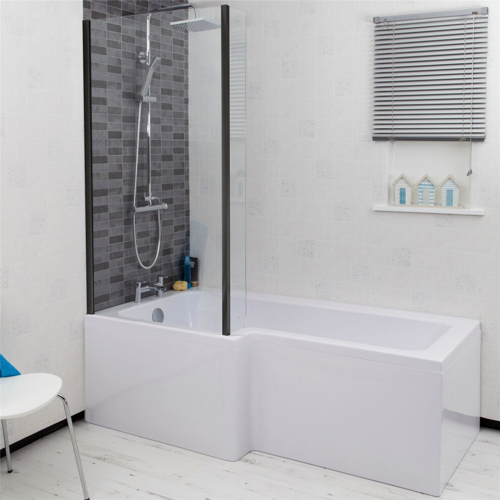 Bathroom L Shaped Bath Black Shower Screen Left Hand Front Panel White 1700Mm 5056467235221