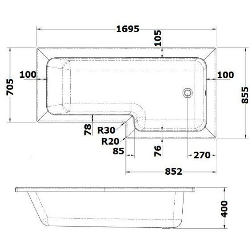 1700mm LH L Square Bath Shower Modern - Bath Only 2