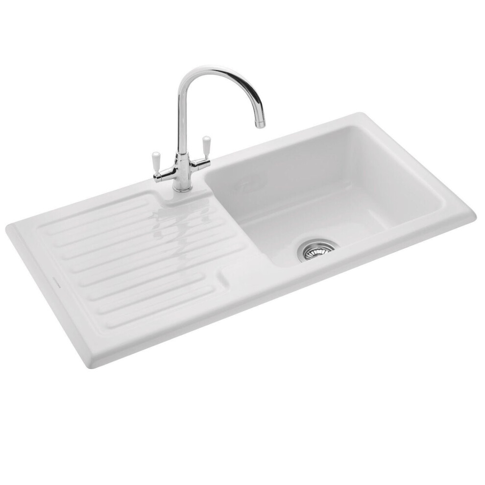Rangemaster Rustic Kitchen Sink Single Bowl White Ceramic Inset Reversible Waste