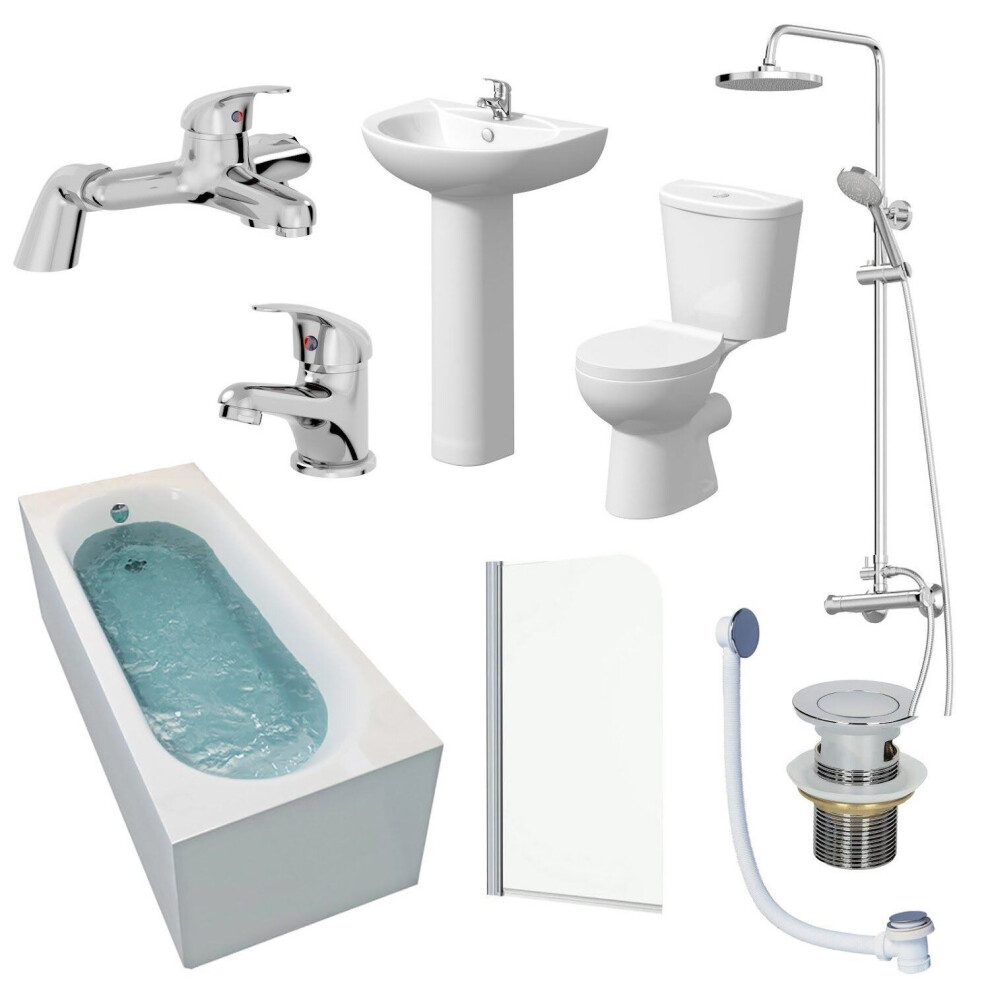 Bathroom Suite 1700Mm Single Ended Bath Toilet Basin Pedestal Taps Shower Waste 5056467225925