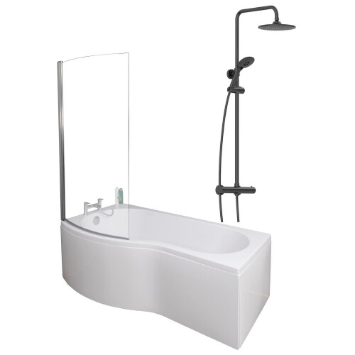 Bathroom P Shaped Shower Bath 1700mm LH Mixer Shower Screen Side Panel White