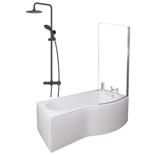 Bathroom P Shaped Shower Bath 1700mm RH Mixer Shower Screen Side Panel White