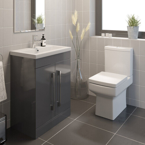 600mm Bathroom Modern Vanity Unit Basin Close Coupled Square Toilet Gloss Grey