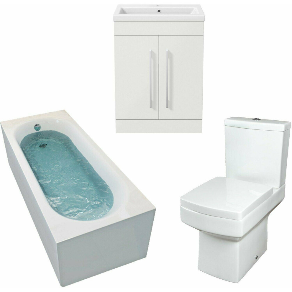 Purefino White Bathroom Suite Gloss 1700Mm Straight Bath Toilet Basin Sink Vanity Unit