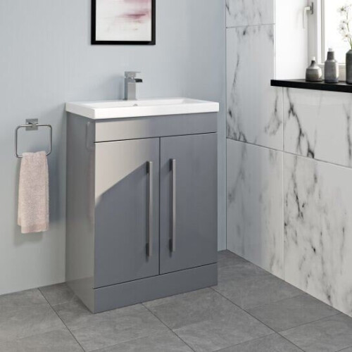 600mm Bathroom Modern Vanity Unit Basin Close Coupled Square Toilet Gloss Grey 1