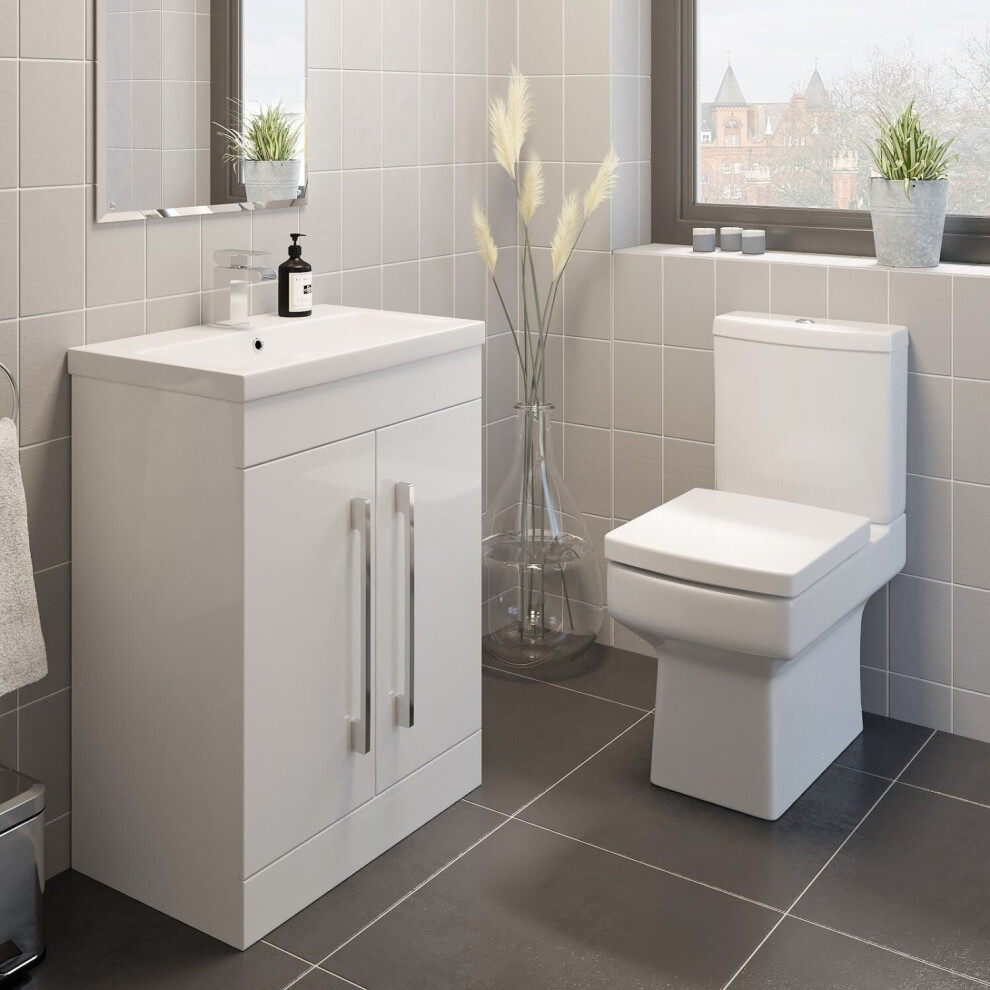 White Bathroom Suite 600Mm Vanity Unit Close Coupled Toilet Cloakroom Basin Set 5056093621757