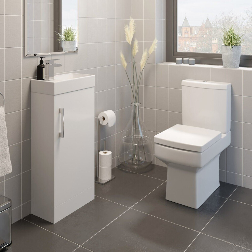 White Bathroom Suite Cloakroom Vanity Unit Square Close Coupled Toilet Basin Set 5056093621764