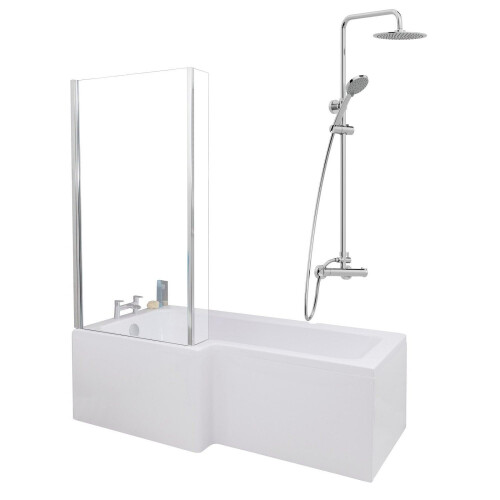 Bathroom L Shaped Shower Bath 1700mm LH Mixer Shower Screen Side Panel White