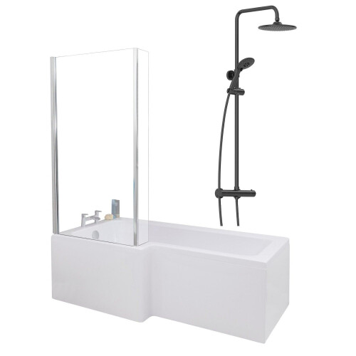 Bathroom L Shaped Shower Bath 1700mm LH Mixer Shower Screen Side End Panel White