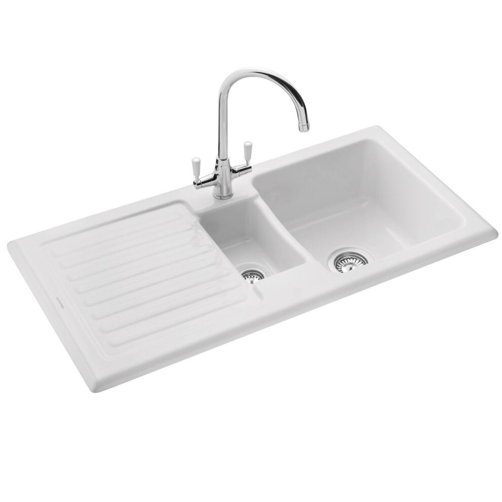 Rangemaster Rustic Kitchen Sink 1.5 Bowl White Ceramic Inset Reversible Waste