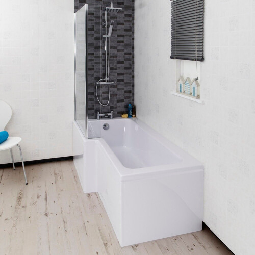Bathroom L Shaped Shower Bath 1700mm LH Mixer Shower Screen Side End Panel White 2