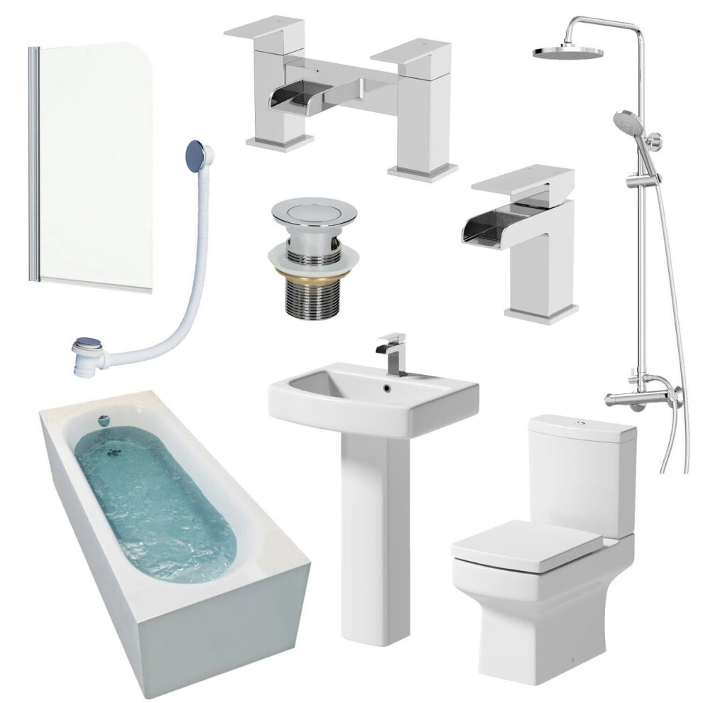 Complete Bathroom Suite 1700Mm Shower Bath Toilet Basin Pedestal Taps Screen 5056093684509