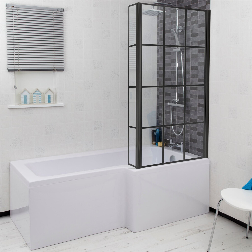 Bathroom L Shaped Bath Black Grid Shower Screen Rh Front End Panel White 1700Mm 5056467235290