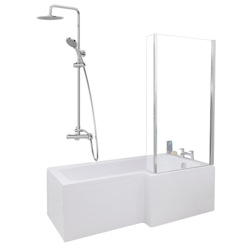 Bathroom L Shaped Shower Bath 1700mm RH Mixer Shower Screen Side End Panel White